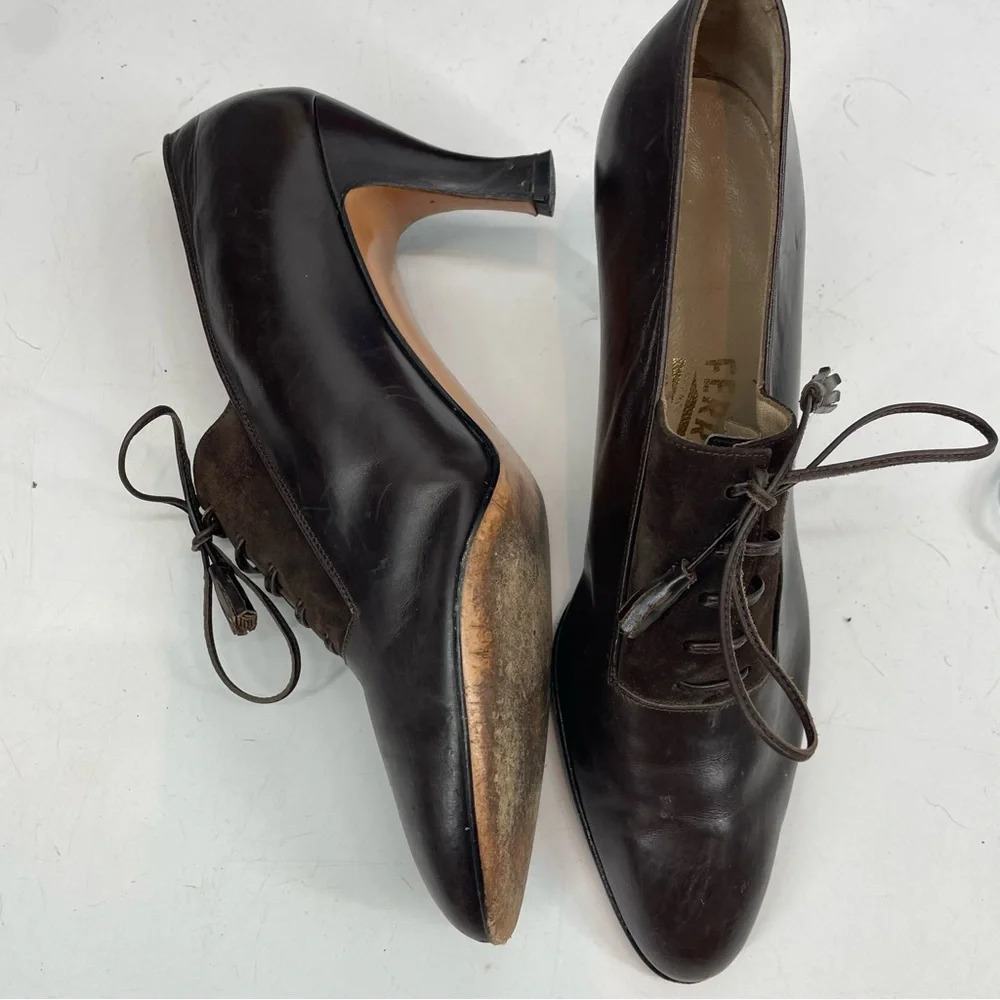 Vintage Salvatore Ferragamo Brown Heels Lace Up Shoes Leather Suede 9 Oxford